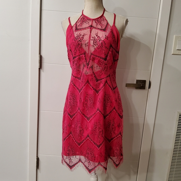 Free People Nothing Like This Hot Pink Lace Overlay Mini Dress Size 10 - Picture 3 of 14